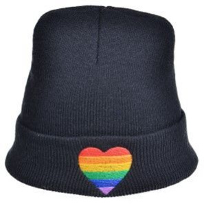 Black Beanie Hat WIth Pride Love Heart